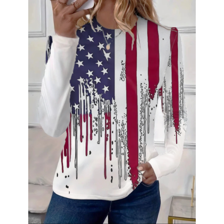Women Independence Day (Flag) Long Sleeve Tee T-shirt Crew Neck Printing Casual Spring/Fall Graphic Tee Top