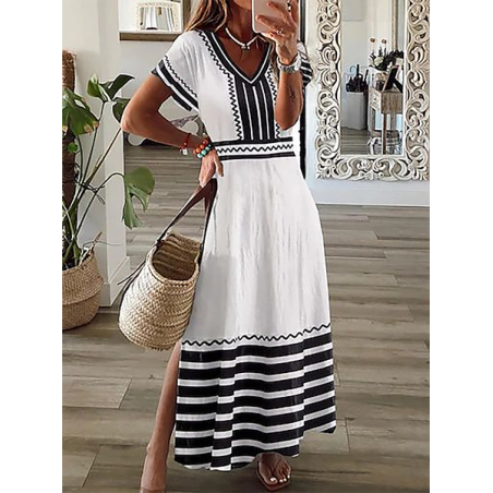 Women Striped Short Sleeve Summer Printing Dress V Neck Daily Casual Maxi X-Line Dress