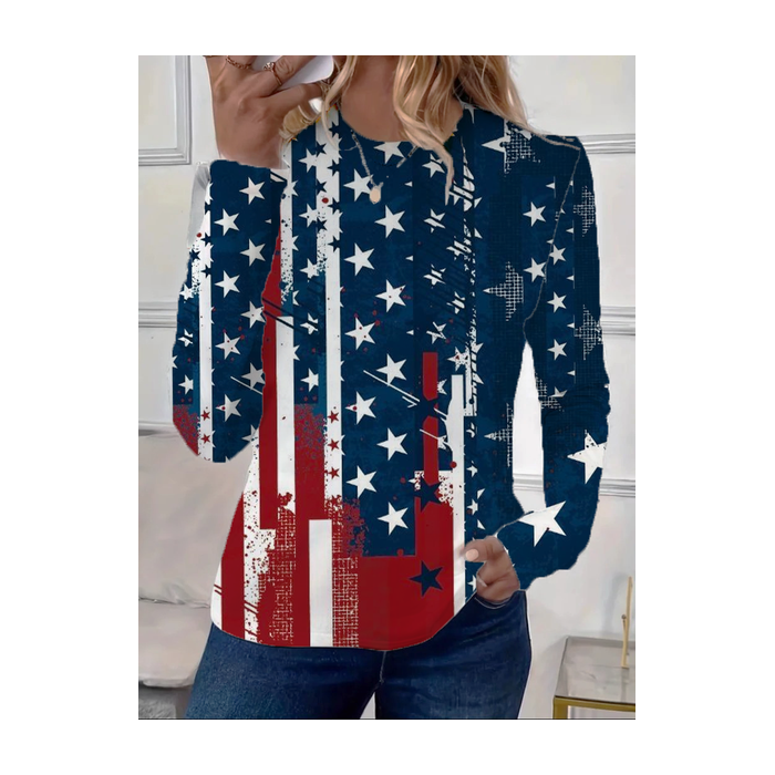 Women America Flag Long Sleeve Tee T-shirt Crew Neck Printing Casual Spring/Fall Graphic Tee Top