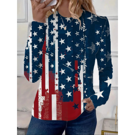 Women America Flag Long Sleeve Tee T-shirt Crew Neck Printing Casual Spring/Fall Graphic Tee Top