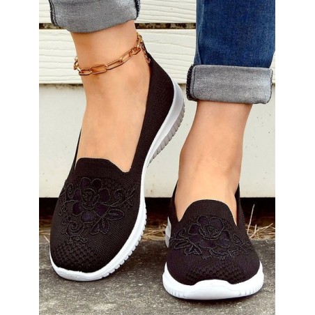 Floral Embroidery Breathable Flyknit Slip On Sneakers