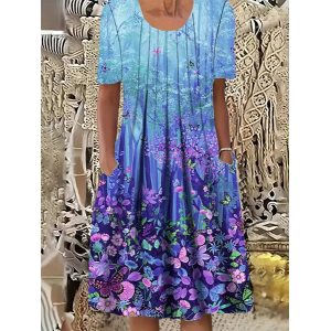 Women's Floral Short Sleeve Summer Printing Dress Crew Neck Daily Casual Midi Fit & Flare Dress H-Line Dress