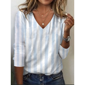 Women's Striped Long Sleeve Tee T-shirt V Neck Printing Casual Spring/Fall Graphic Tee Top