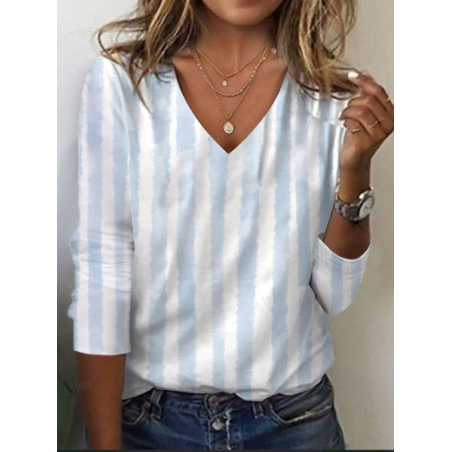 Women's Striped Long Sleeve Tee T-shirt V Neck Printing Casual Spring/Fall Graphic Tee Top