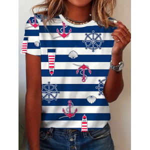 Women's Striped Short Sleeve Tee T-shirt Crew Neck Printing Casual Summer Graphic Tee Top