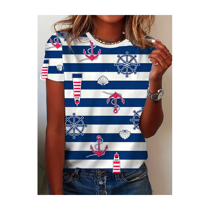 Women's Striped Short Sleeve Tee T-shirt Crew Neck Printing Casual Summer Graphic Tee Top