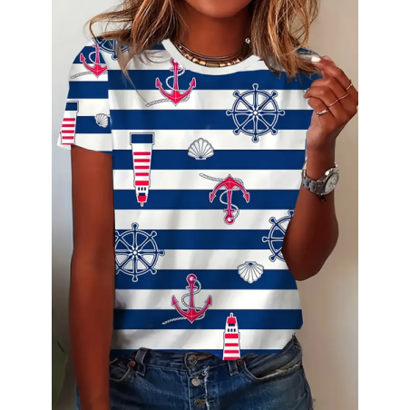 Women's Striped Short Sleeve Tee T-shirt Crew Neck Printing Casual Summer Graphic Tee Top