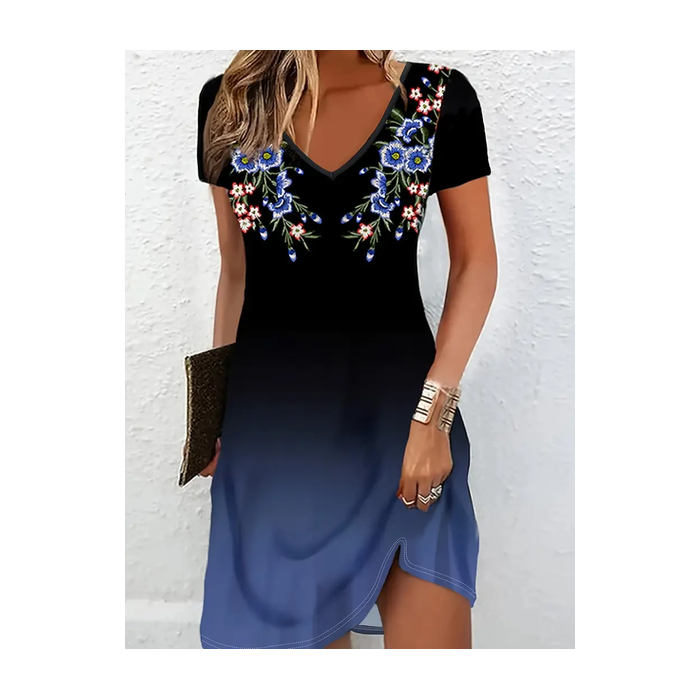 Women's Floral Short Sleeve Summer Printing Dress V Neck Daily Casual Knee Length T-Shirt Dress H-Line Dress