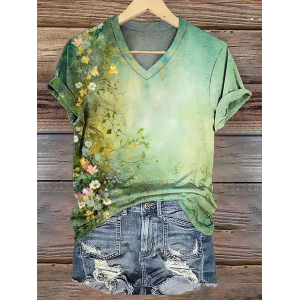 Women's Floral Short Sleeve Tee T-shirt V Neck Printing Casual Summer Graphic Tee Top