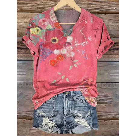 Women's Floral Short Sleeve Tee T-shirt V Neck Printing Casual Summer Graphic Tee Top