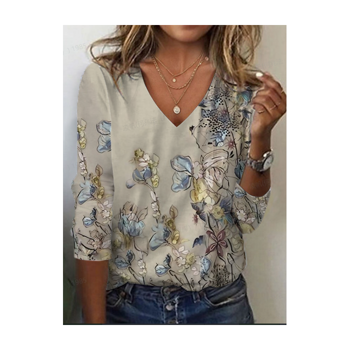 Women's Floral Long Sleeve Tee T-shirt V Neck Printing Casual Spring/Fall Graphic Tee Top