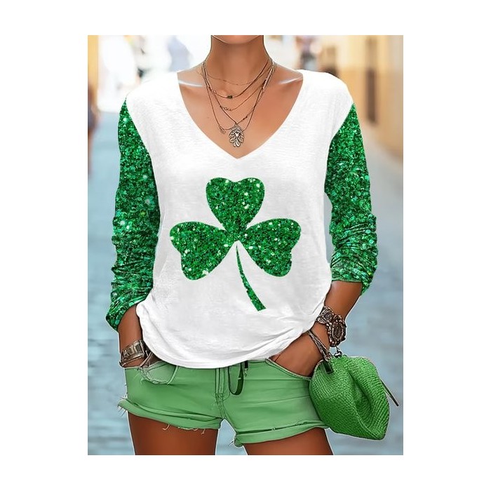 Women's Long Sleeve Tee T-shirt Spring/Fall Shamrock St Patrick's Day Floral V Neck Casual Graphic Tee Top
