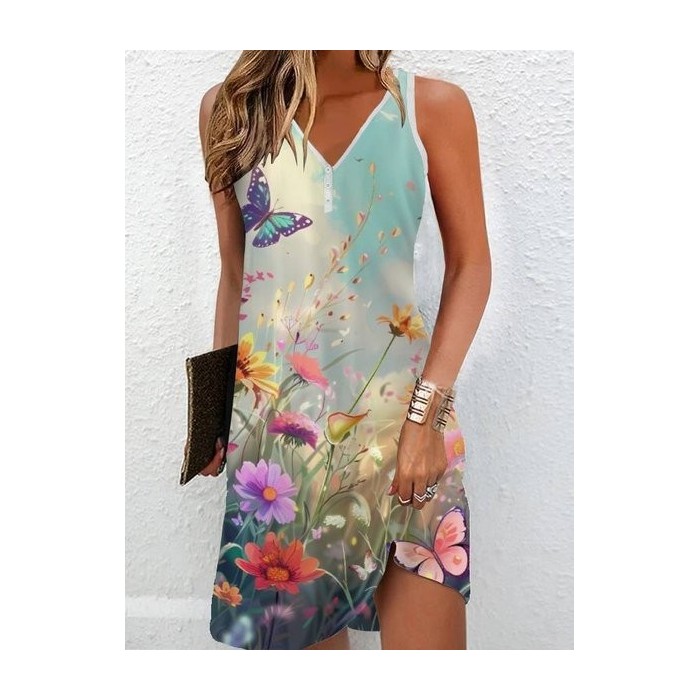 Women's Sleeveless Summer Floral Printing Dress Notched Daily Going Out Casual Mini Tank H-Line Dress