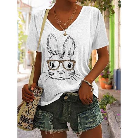Women's Easter (rabbit) Short Sleeve Tee T-shirt V Neck Printing Casual Summer Graphic Tee Top