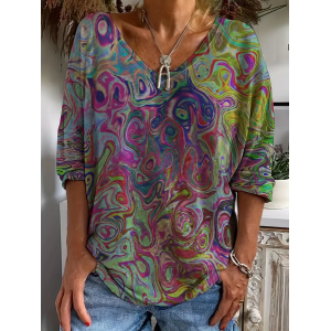 Women's Abstract Long Sleeve Tee T-shirt V Neck Printing Casual Spring/Fall Graphic Tee Top
