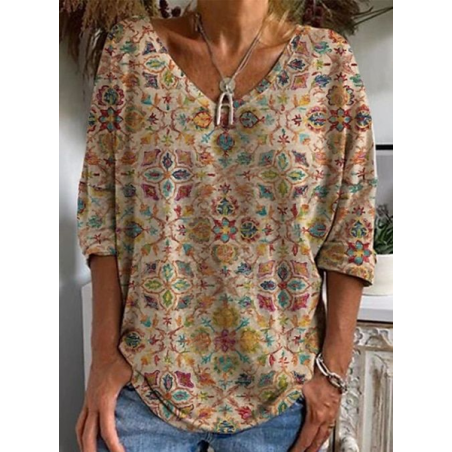 Women's Floral Long Sleeve Tee T-shirt V Neck Printing Casual Spring/Fall Graphic Tee Top