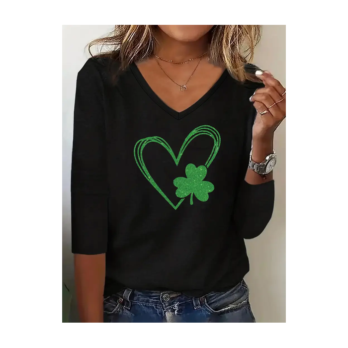 Women's Shamrock Long Sleeve Tee T-shirt V Neck Printing Casual Spring/Fall Top