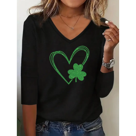 Women's Shamrock Long Sleeve Tee T-shirt V Neck Printing Casual Spring/Fall Top