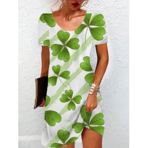 Women's St Patricks Day Four-leaf Clover Print Mini Short Sleeve Floral Dress
