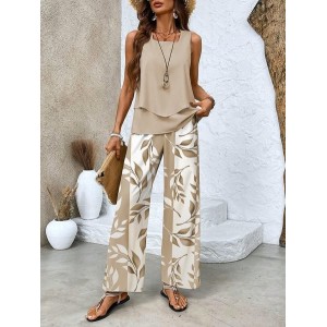 Women's Leaf Daily Going Out Two Piece Set Floral Sleeveless Casual Summer Top With Pants Matching Set