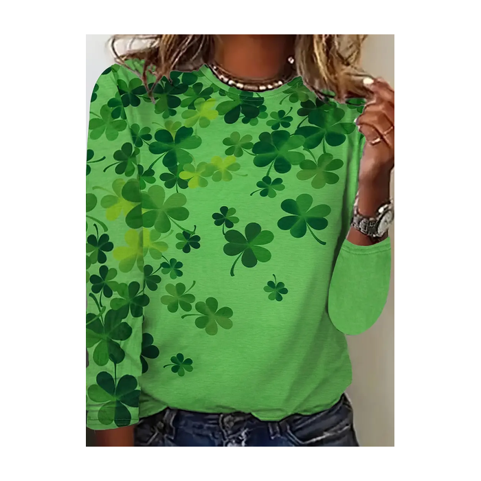 Women's Long Sleeve Tee T-shirt Spring/Fall Shamrock St. Patrick's Day Floral Casual Top
