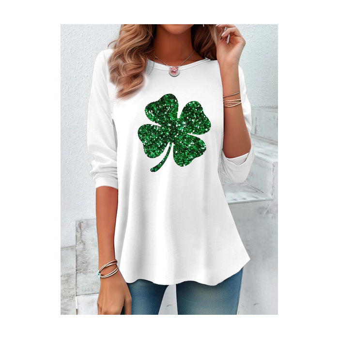 Women's Long Sleeve Tee T-shirt Spring/Fall Shamrock St Patrick's Day Floral Casual Graphic Tee Top