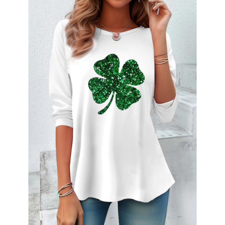 Women's Long Sleeve Tee T-shirt Spring/Fall Shamrock St Patrick's Day Floral Casual Graphic Tee Top