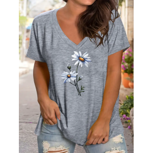 Women's Floral Short Sleeve Tee T-shirt V Neck Printing Casual Summer Graphic Tee Top