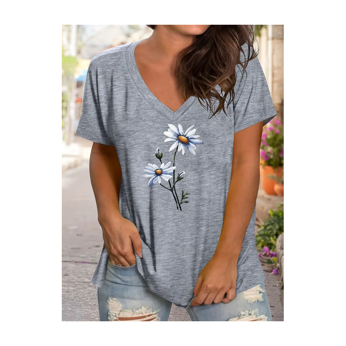 Women's Floral Short Sleeve Tee T-shirt V Neck Printing Casual Summer Graphic Tee Top