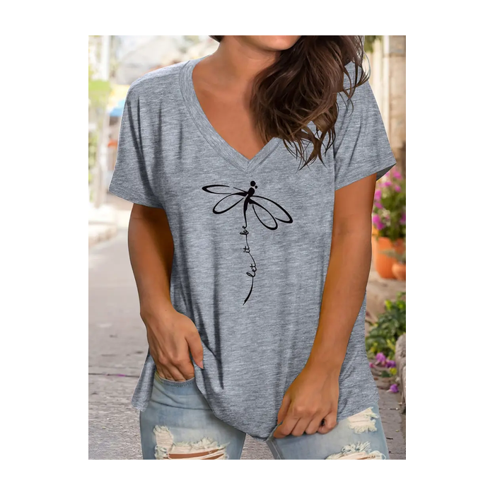 Women's Dragonfly Short Sleeve Tee T-shirt V Neck Printing Casual Summer Graphic Tee Top