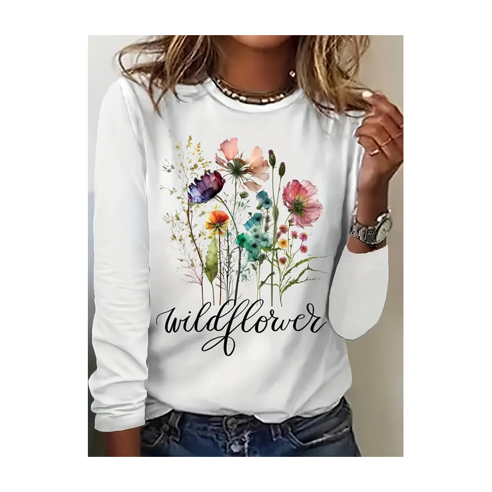 Women's Floral Long Sleeve Tee T-shirt Crew Neck Printing Casual Spring/Fall Graphic Tee Top