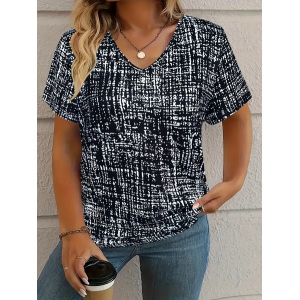 Women's Abstract Short Sleeve Tee T-shirt V Neck Printing Casual Summer Graphic Tee Top
