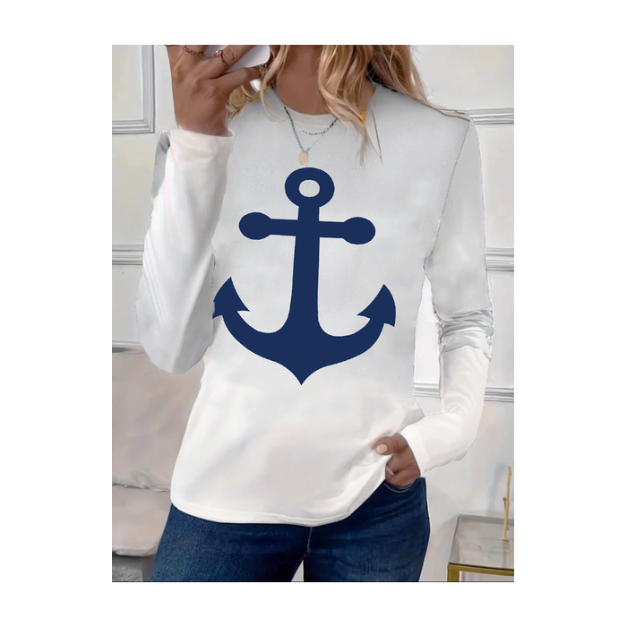 Women's Long Sleeve Tee T-shirt Spring/Fall Anchor Printing Crew Neck Casual Graphic Tee Top