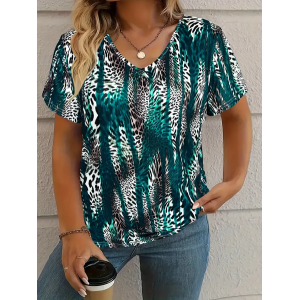 Women's Leopard Short Sleeve Tee T-shirt V Neck Printing Casual Summer Graphic Tee Top