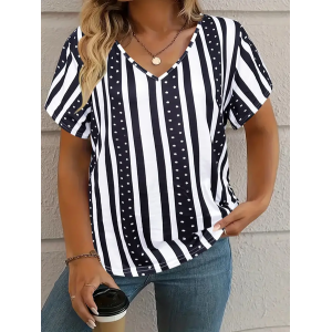 Women's Striped Short Sleeve Tee T-shirt V Neck Printing Casual Summer Graphic Tee Top