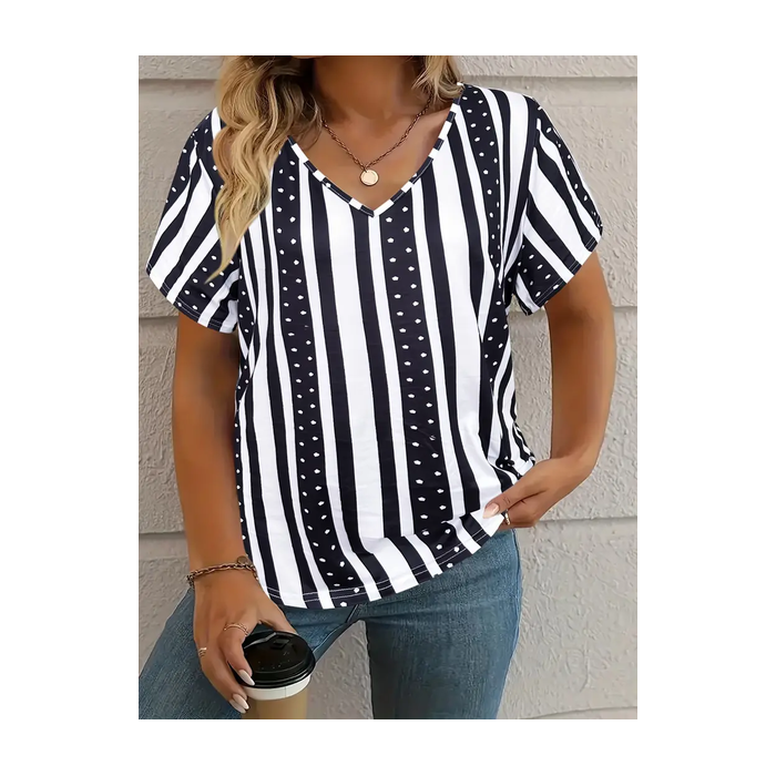 Women's Striped Short Sleeve Tee T-shirt V Neck Printing Casual Summer Graphic Tee Top