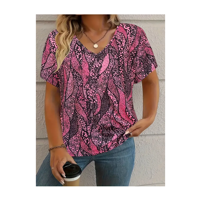 Women's Leopard Short Sleeve Tee T-shirt V Neck Casual Summer Graphic Tee Top