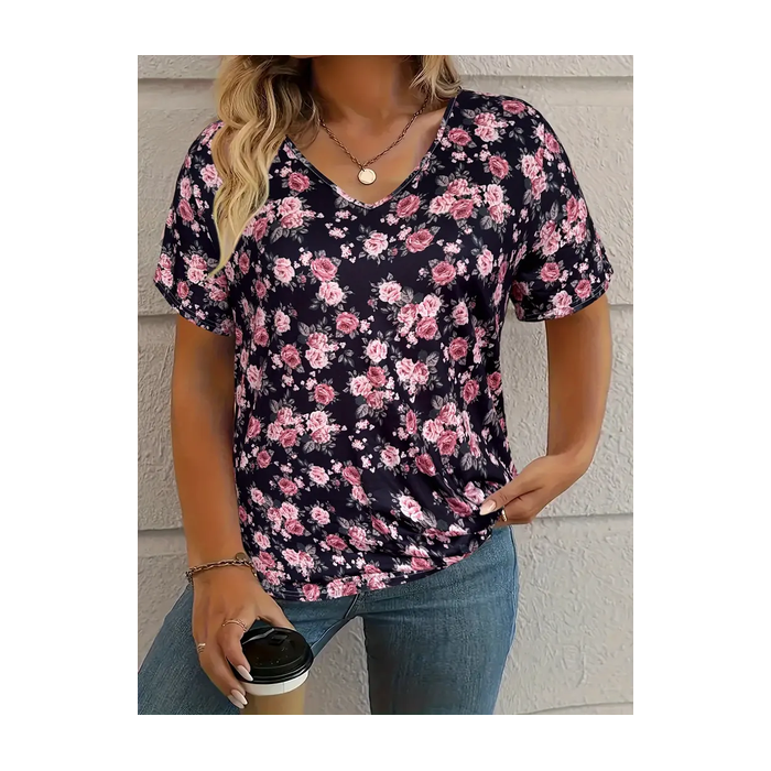 Women's Floral Short Sleeve Tee T-shirt V Neck Printing Casual Summer Graphic Tee Top