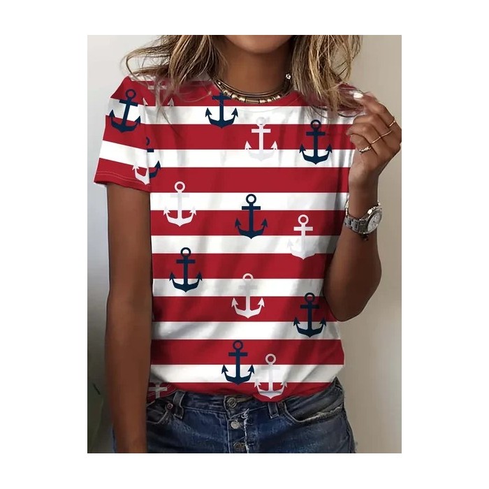 Women's Short Sleeve Tee T-shirt Summer Striped Printing Crew Neck Casual Graphic Tee Top