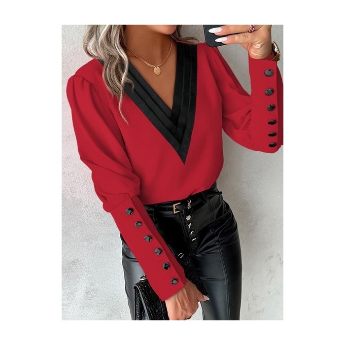 Women's Long Sleeve Blouse Spring/Fall Color Block Buckle V Neck Daily Going Out Casual Top