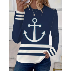 Women's Long Sleeve Tee T-shirt Spring/Fall Striped Printing Crew Neck Casual Graphic Tee Top