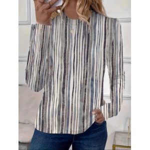 Women's Long Sleeve Tee T-shirt Spring/Fall Striped Printing Crew Neck Casual Graphic Tee Top