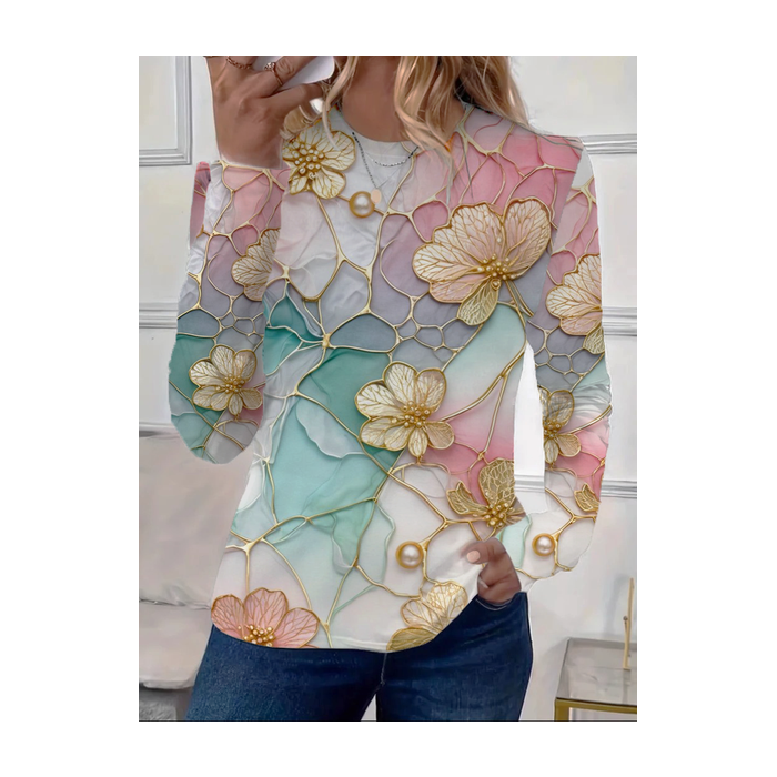 Women's Long Sleeve Tee T-shirt Spring/Fall Floral Printing Crew Neck Casual Graphic Tee Top