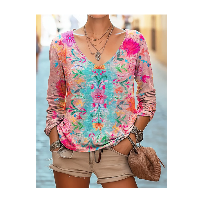 Women's Long Sleeve Tee T-shirt Spring/Fall Floral Printing V Neck Casual Graphic Tee Top