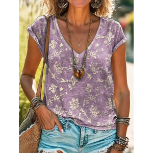 Women's Short Sleeve Tee T-shirt Summer Floral Printing V Neck Casual Graphic Tee Top