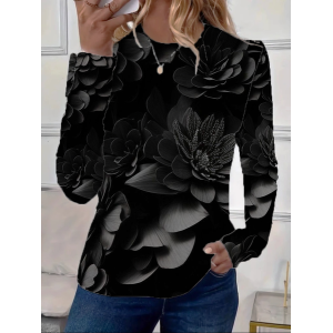 Women's Long Sleeve Tee T-shirt Spring/Fall Floral Printing Crew Neck Casual Graphic Tee Top