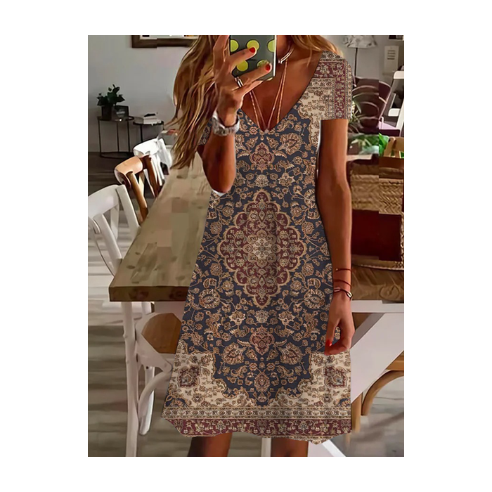 Women's Short Sleeve Summer Floral Printing Dress V Neck Daily Going Out Casual Knee Length T-Shirt Dress H-Line Dress
