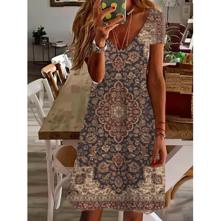 Women's Short Sleeve Summer Floral Printing Dress V Neck Daily Going Out Casual Knee Length T-Shirt Dress H-Line Dress