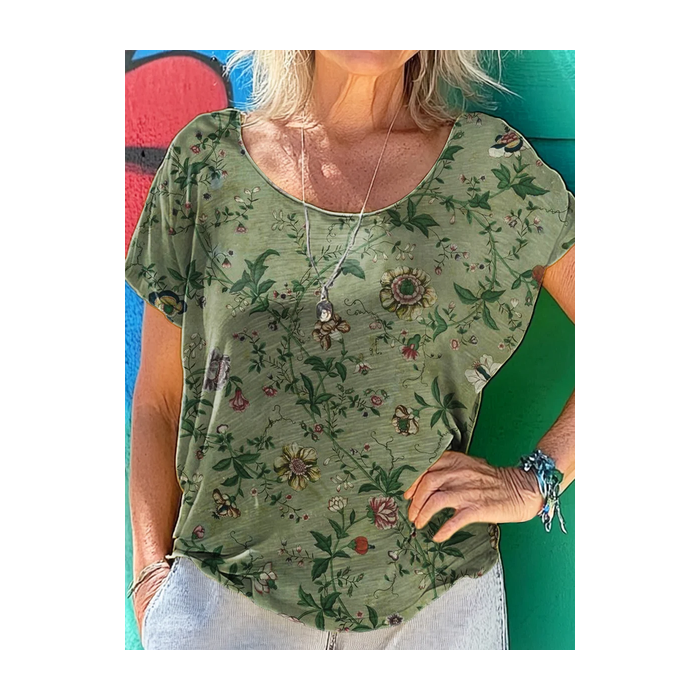 Women's Short Sleeve Tee T-shirt Summer Floral Printing Crew Neck Casual Graphic Tee Top