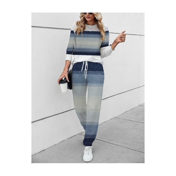 Women's Printing Striped Daily Going Out Two Piece Set Long Sleeve Casual Spring/Fall Top With Pants Matching Set
